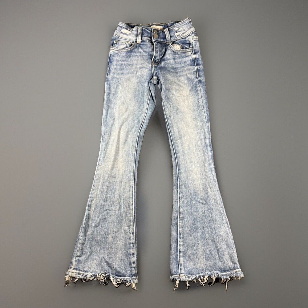 BKE Youth Girls Flare Jeans Size 8 Light Wash Frayed Raw Hem Distressed Stretch